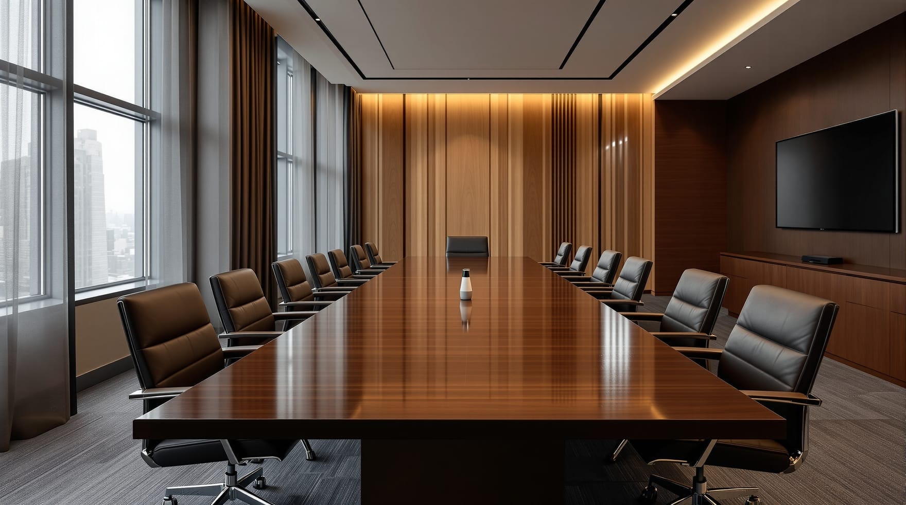 An empty boardroom, representing the volunteer board that governed the Chamber