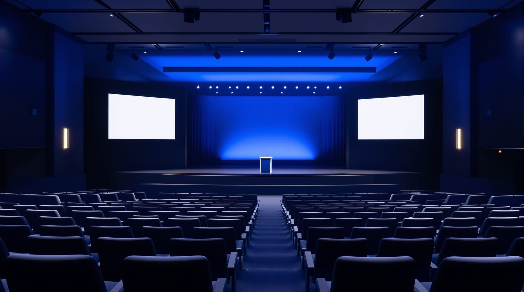 An empty conference auditorium set for a business programme
