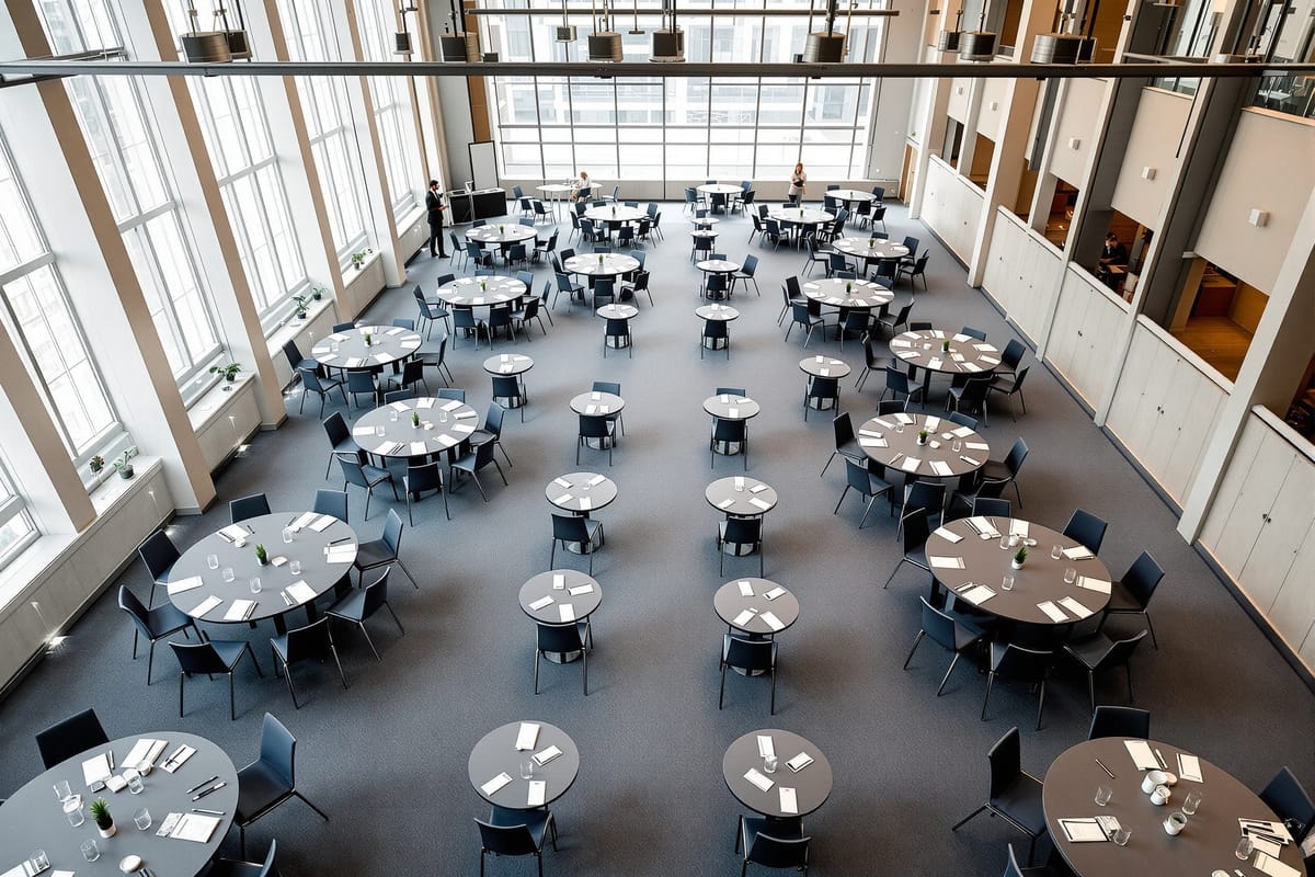 A conference room arranged for one-to-one business matchmaking meetings